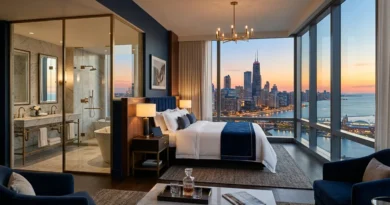 Luxury hotel suite in Chicago with floor-to-ceiling skyline views, king bed, marble bathroom, and navy and gold decor