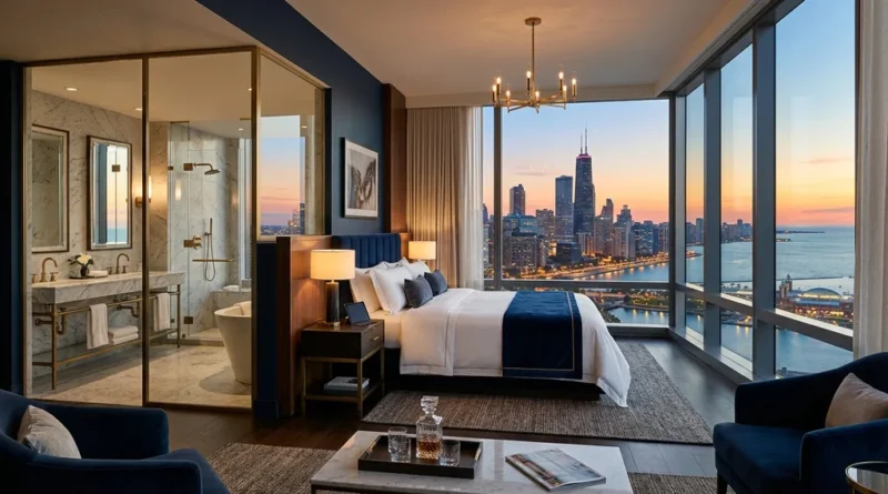 Luxury hotel suite in Chicago with floor-to-ceiling skyline views, king bed, marble bathroom, and navy and gold decor