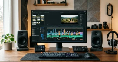 Video editing software timeline interface displayed on a monitor at a professional desk setup