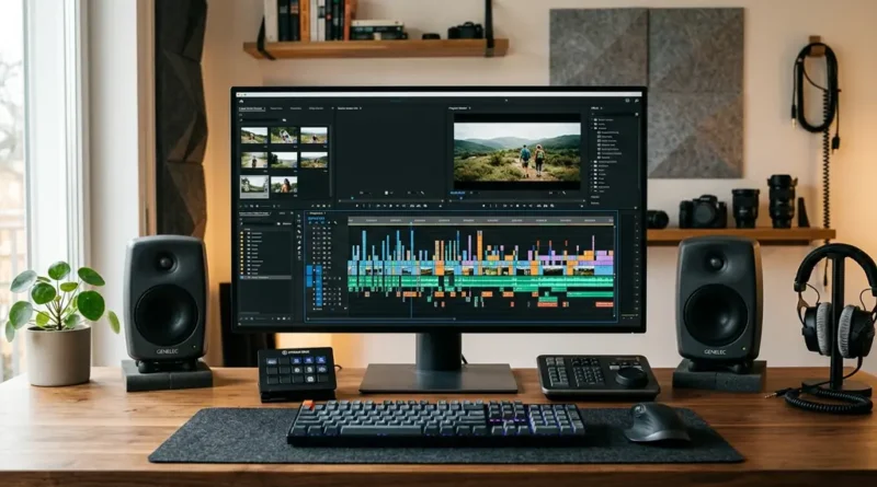 Video editing software timeline interface displayed on a monitor at a professional desk setup