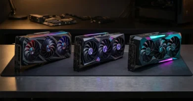Three Nvidia GeForce RTX gaming graphics cards compared side by side on a dark surface