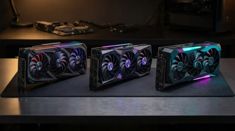 Three Nvidia GeForce RTX gaming graphics cards compared side by side on a dark surface