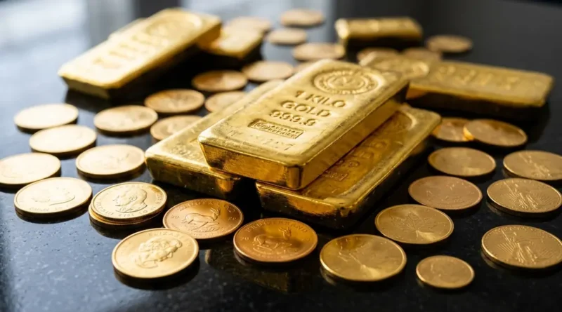 Gold bullion bars and coins on a dark reflective surface representing precious metals investment