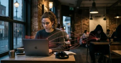 Person using laptop on public Wi-Fi in a coffee shop with cybersecurity threat network visualization overlay