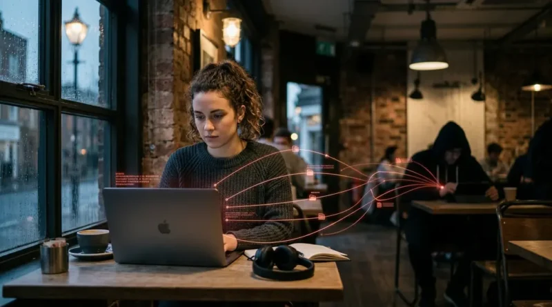 Person using laptop on public Wi-Fi in a coffee shop with cybersecurity threat network visualization overlay