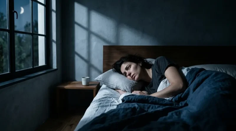 Restless sleep — person lying awake in dark bedroom unable to sleep with moonlight through window