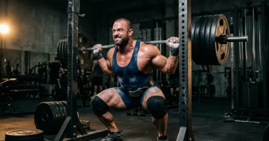 Bodybuilder performing heavy barbell squat in gym, showcasing Ronnie Coleman-style training intensity