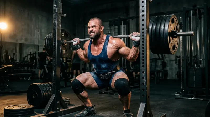 Bodybuilder performing heavy barbell squat in gym, showcasing Ronnie Coleman-style training intensity