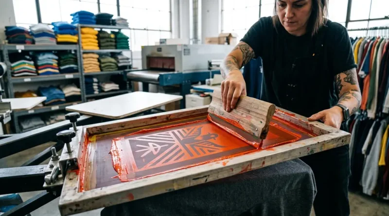 Screen printing mesh screen and squeegee applying vibrant ink to fabric in a fashion print shop