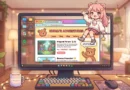 Cute anime character from Shimeji browser extension sitting on a browser window edge on a modern computer screen