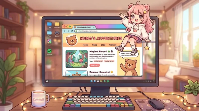 Cute anime character from Shimeji browser extension sitting on a browser window edge on a modern computer screen