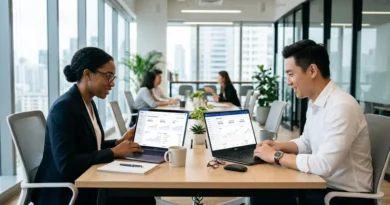 Business professionals comparing Tipalti and PayPal payment platforms on laptops in a modern office setting
