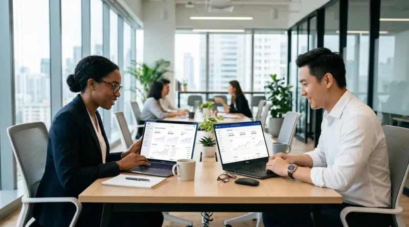 Business professionals comparing Tipalti and PayPal payment platforms on laptops in a modern office setting
