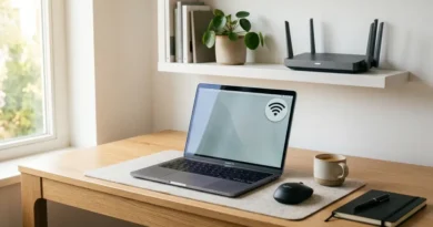 Home office desk with laptop and Wi-Fi router setup for working from home