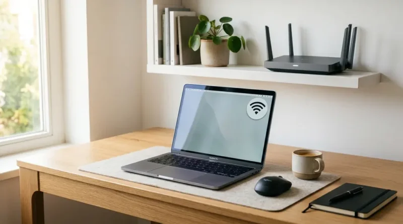 Home office desk with laptop and Wi-Fi router setup for working from home